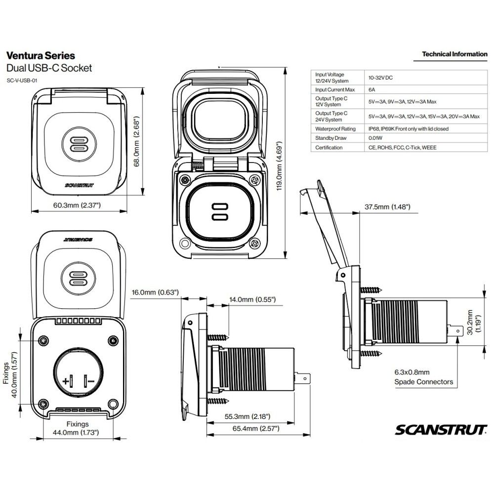 Scanstrut Ventura Series SC-V-USB-01 - Dual USB-C Socket